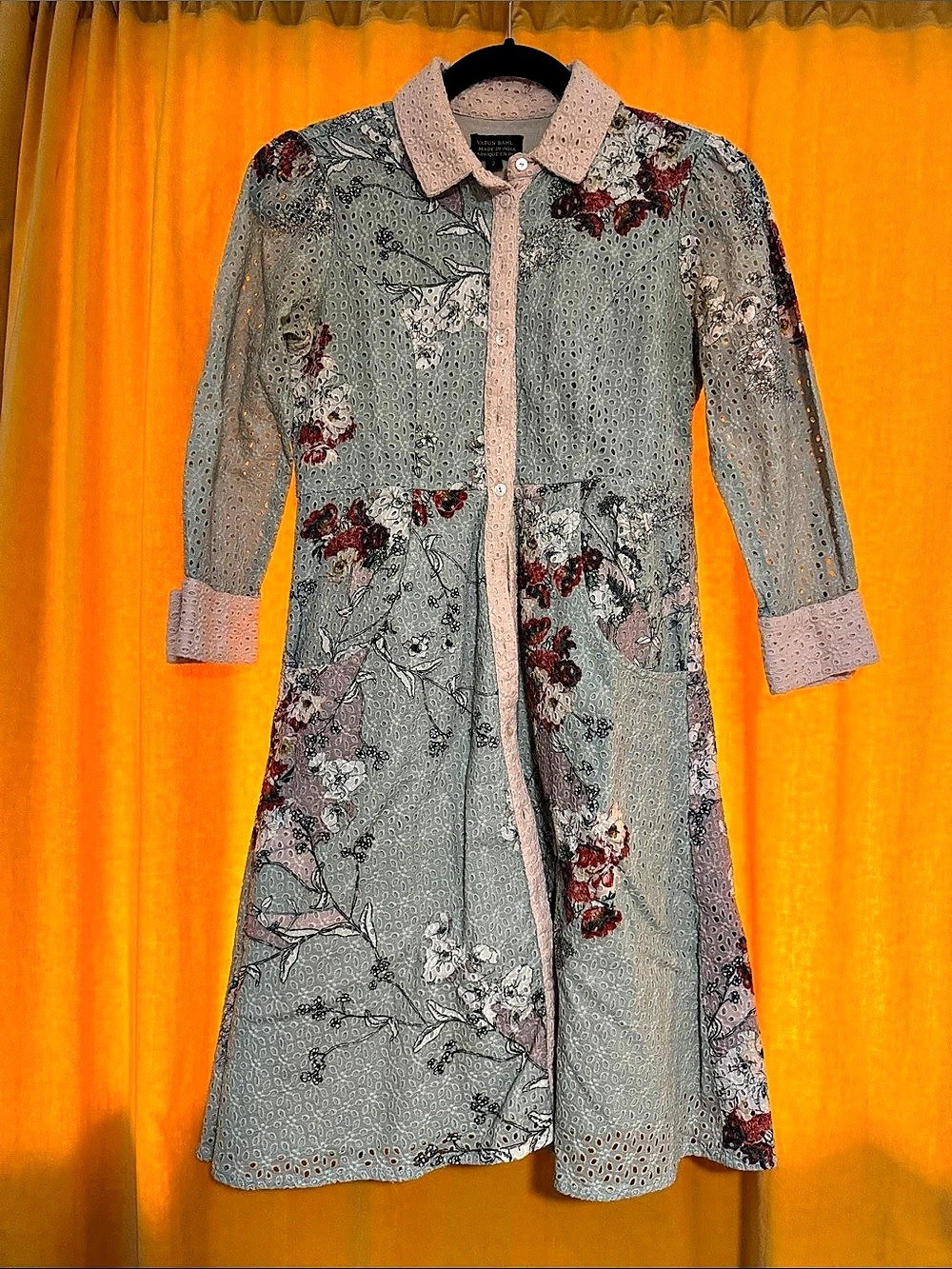Varun Bahl Bloomed Eyelet Shirt Dress Green & Pink Size 2 Like New